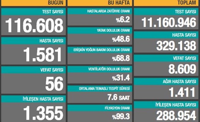 Türkiye'de koronavirüsten 56 can kaybı, 1581 yeni vaka