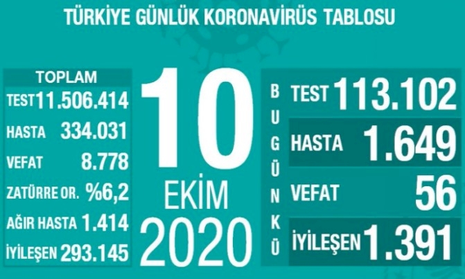 Türkiye'de koronavirüsten 56 can kaybı, 1649 yeni vaka