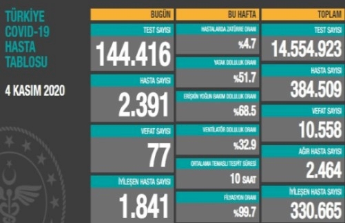 Türkiye'de koronavirüsten 77 can kaybı, 2391 yeni vaka