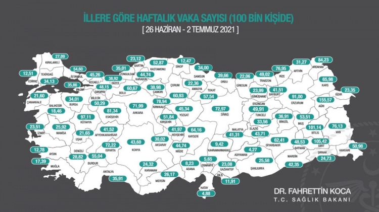 Türkiye'de son bir haftada vaka oranı en çok artan ve azalan iller